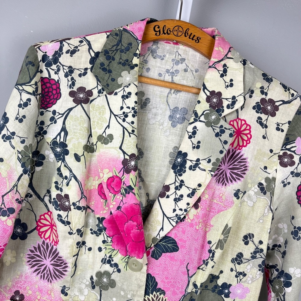 Linen Jacket Blazer Womens M? Vintage Y2K Bright Floral Pink Green